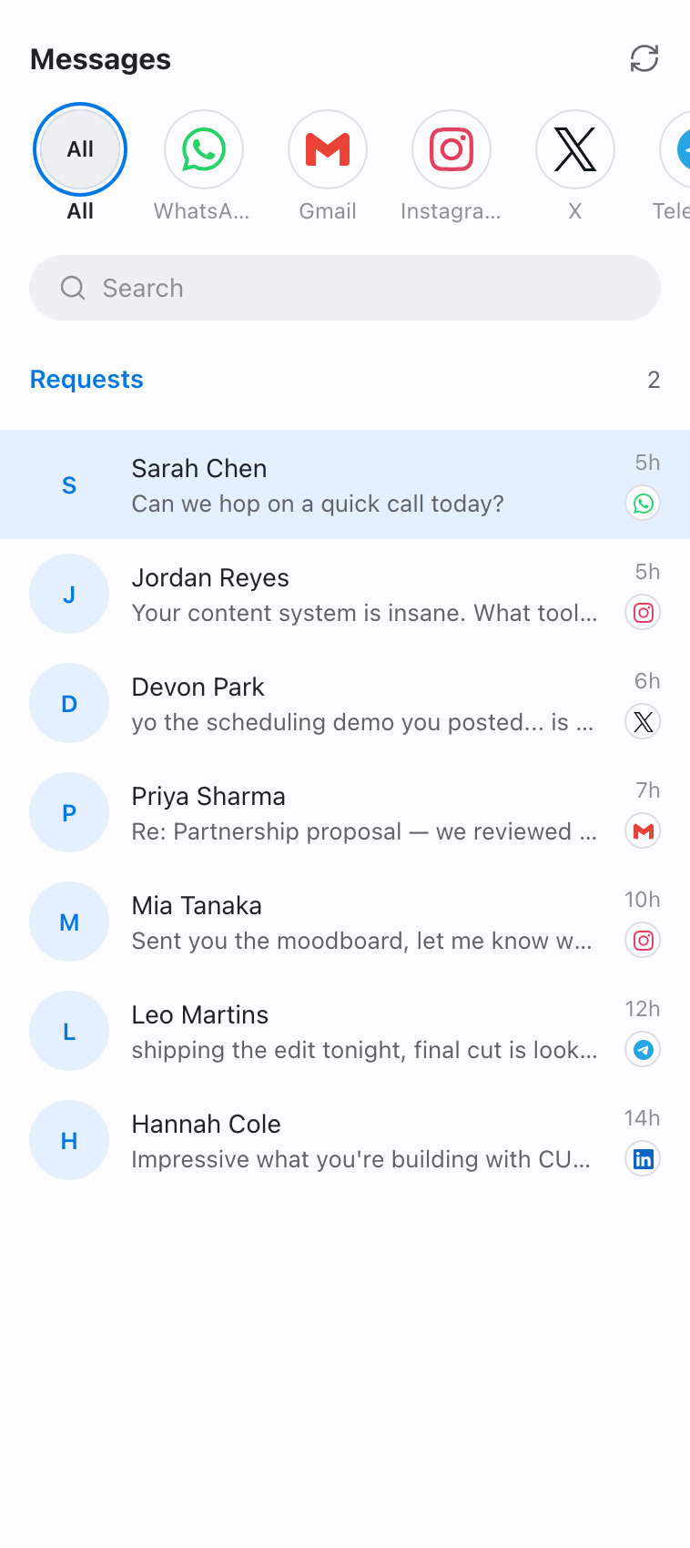 The CURA message list up close — every platform in one stream